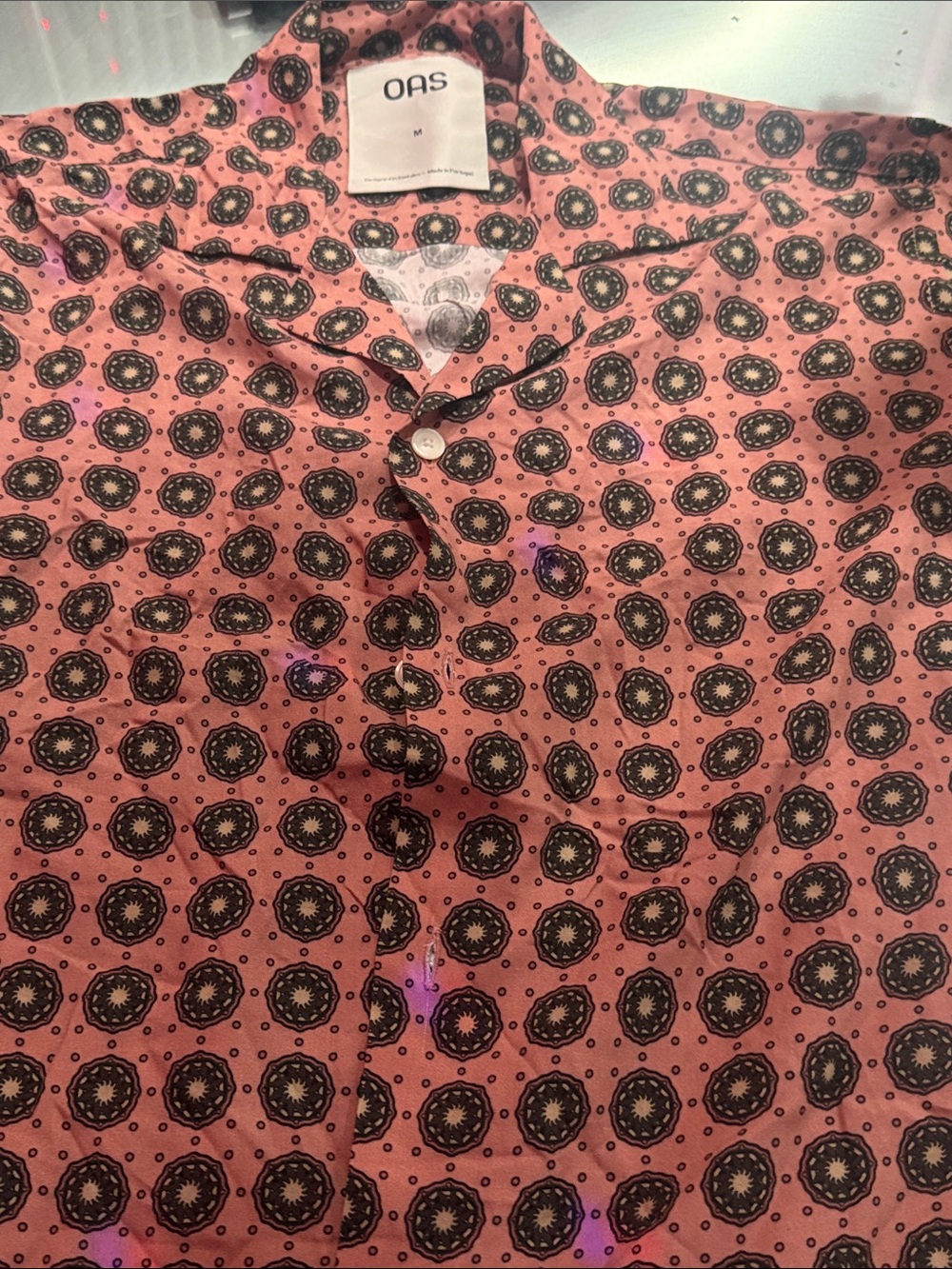 Oas Pink Button-Up Shirt with Black Medallion Print